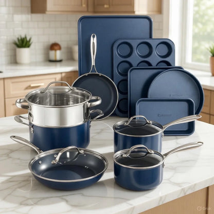 15-Piece Non-Stick Kitchen Cookware Set with Diamond Coating - Dishwasher Safe - Blue