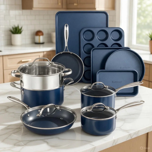 15-Piece Non-Stick Kitchen Cookware Set with Diamond Coating - Dishwasher Safe - Blue