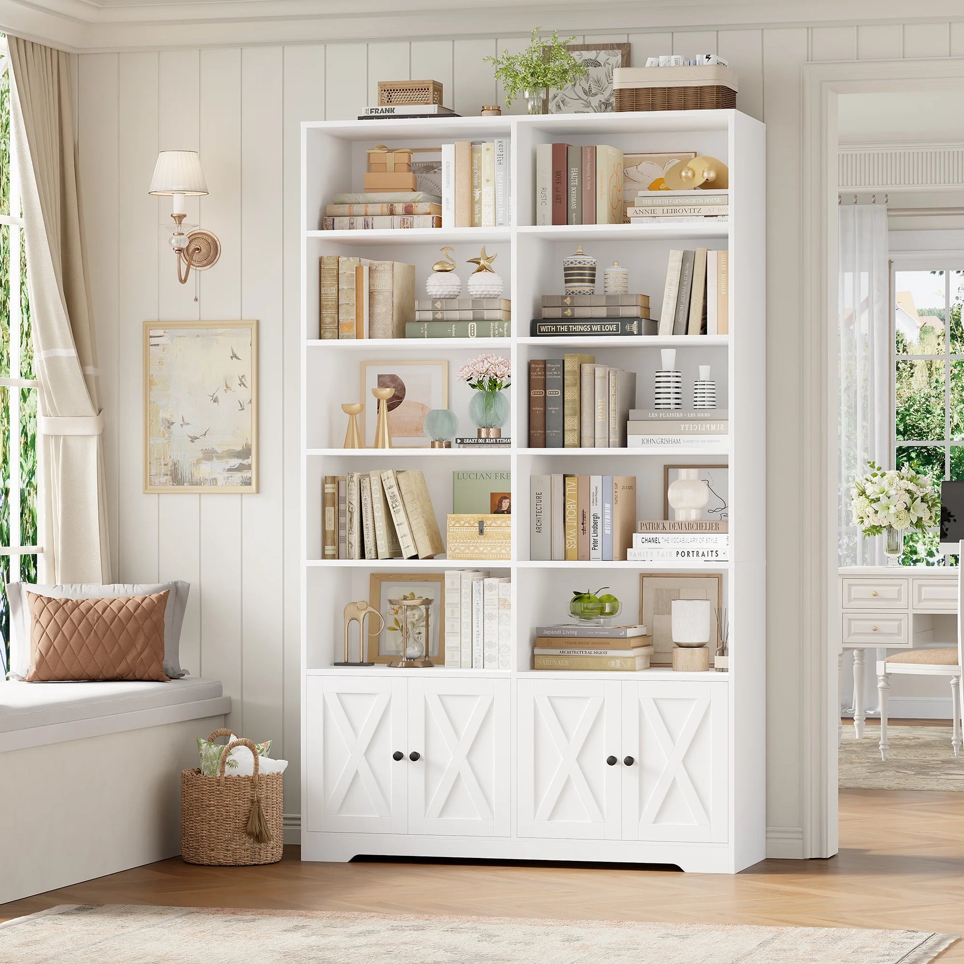 78"H X 47"W Bookcase with Doors, Tall Bookshelves with Storage, 5-Tier Shelves Freestanding Display Bookcase for Home Office and Living Room, White
