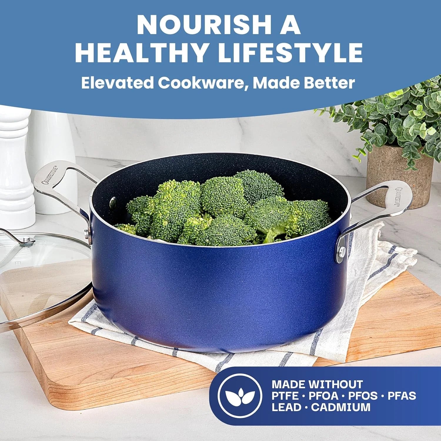 15-Piece Non-Stick Kitchen Cookware Set with Diamond Coating - Dishwasher Safe - Blue