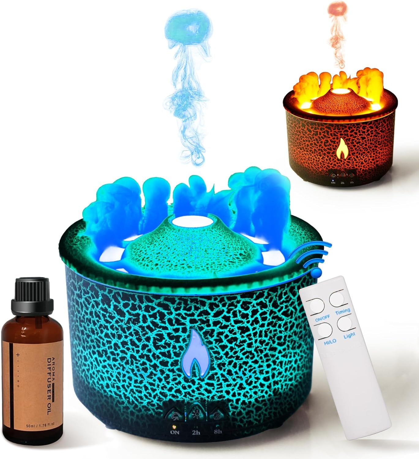 Aroma Essential Oil Diffuser 360ml with Volcano and Flame Design, Includes 1.76oz Hotel Collection Essential Oils, Adjustable Blue/Red Light Selection, Ideal for Large Rooms (Black Cracks)