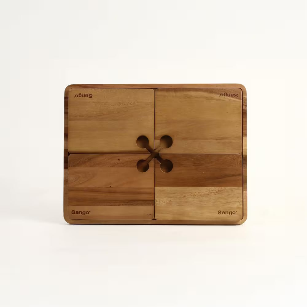 Atelier Acacia Wood 5-Piece Wine and Appetizer Plate Set with Serving Tray - Natural Brown Charcuterie and Cheese Board