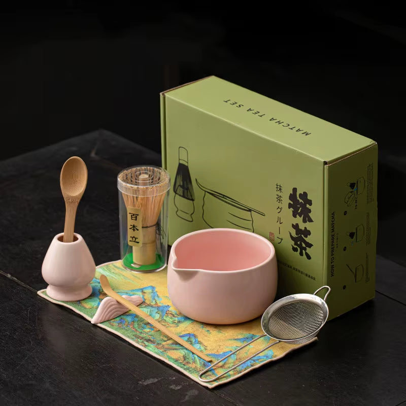 8PCS Matcha Whisk Set Bamboo Tea Brush Ceramic Japanese Exquisite Matcha Bowl Box with Whisk Sumptuous for Tea Lovers Tools