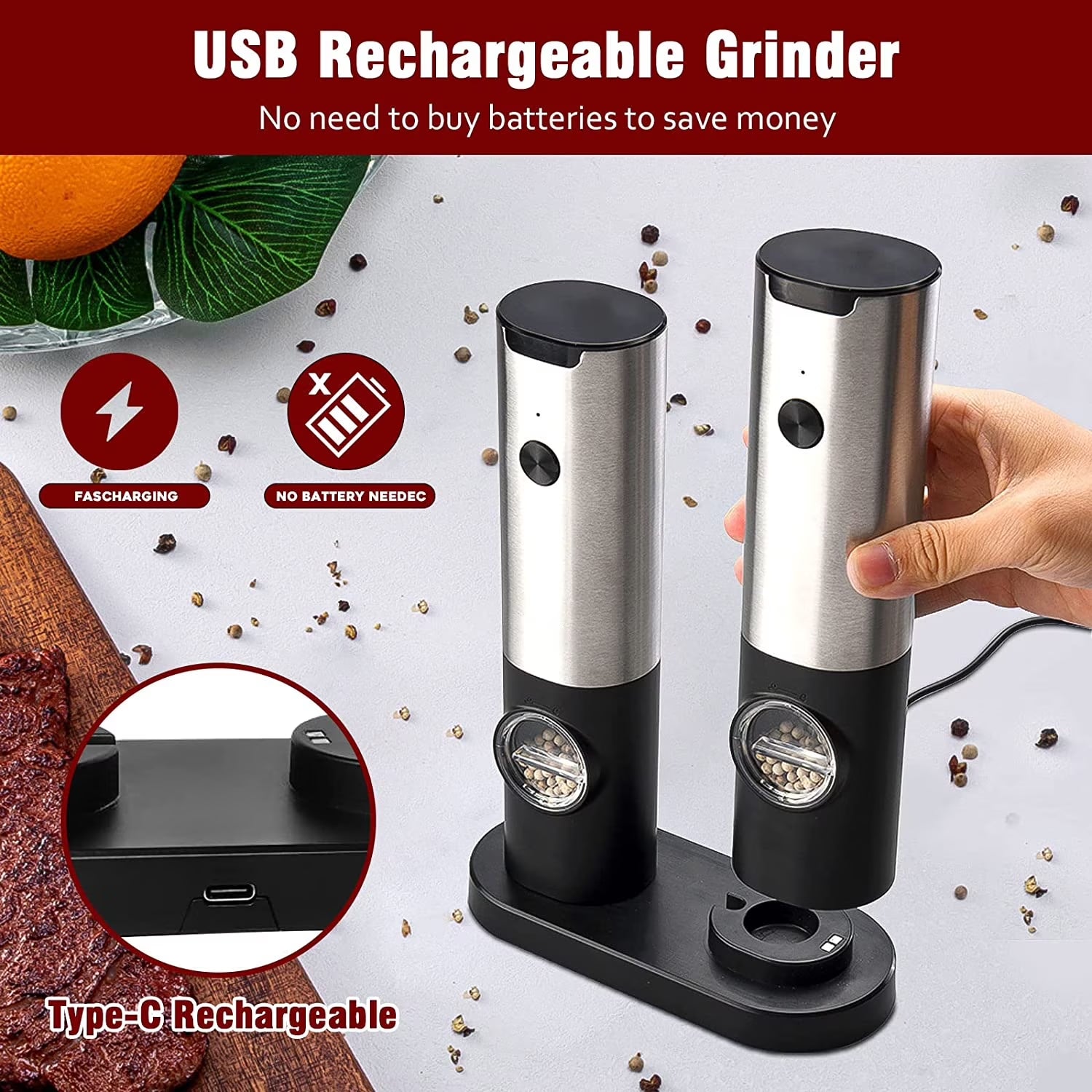 Electric Salt and Pepper Grinder Set - Automatic Rechargeable Spice Mill Shakers with LED Light, Adjustable Coarseness, One-Hand Operation, Stainless Steel Construction