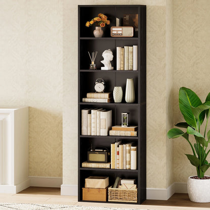 Tall 6-Tier Bookcase, Space-Saving Display Shelf for Living Room, Bedroom, and Home Office in Black