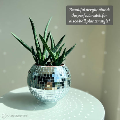 Disco Ball Planter Value Package: 6-Inch Silver Mirror Planter with Chain, Macrame Hanger, Acrylic Stand, and Self-Watering Insert for Desk Decor