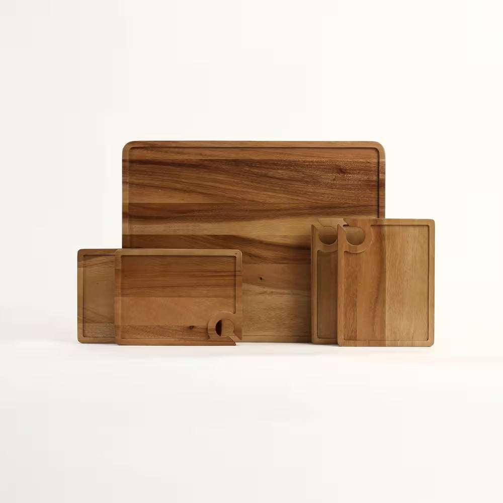 Atelier Acacia Wood 5-Piece Wine and Appetizer Plate Set with Serving Tray - Natural Brown Charcuterie and Cheese Board