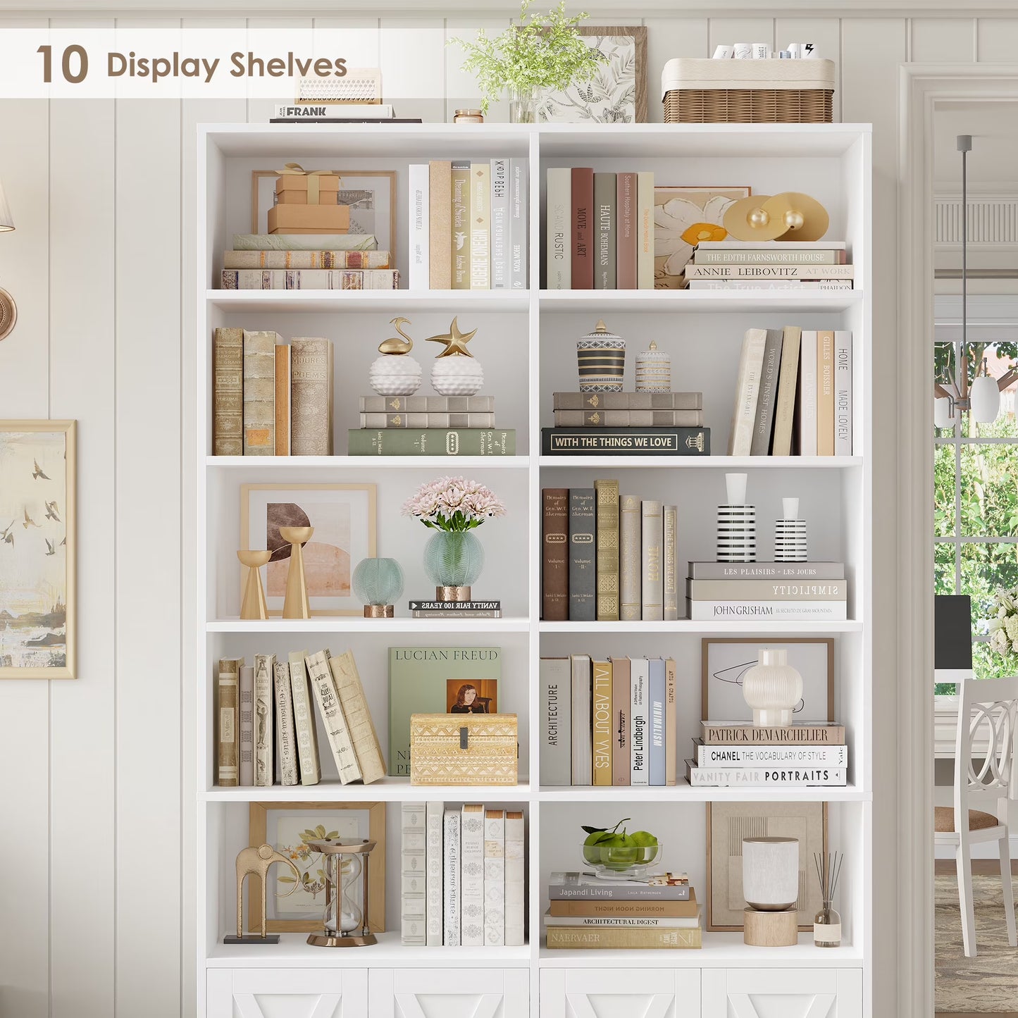78"H X 47"W Bookcase with Doors, Tall Bookshelves with Storage, 5-Tier Shelves Freestanding Display Bookcase for Home Office and Living Room, White