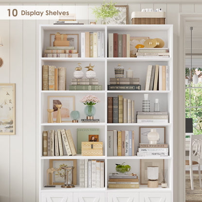 78"H X 47"W Bookcase with Doors, Tall Bookshelves with Storage, 5-Tier Shelves Freestanding Display Bookcase for Home Office and Living Room, White