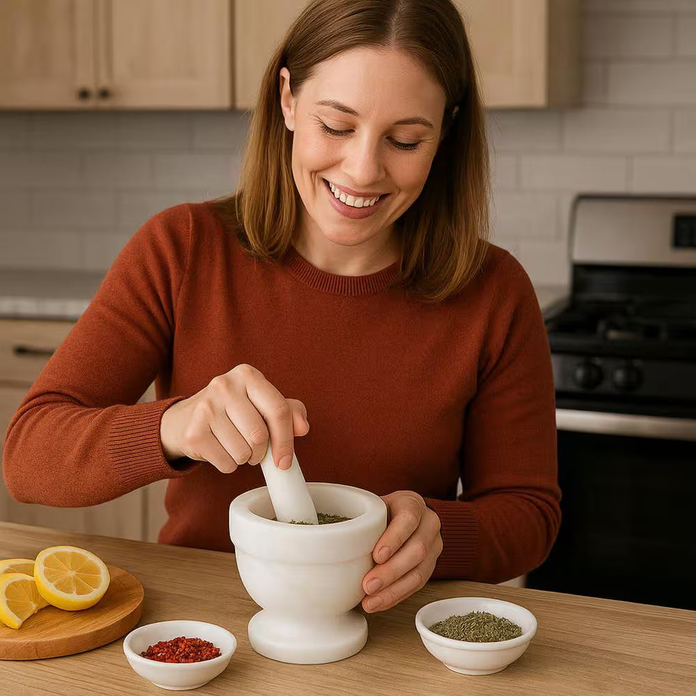 Natural Off-White Marble Mortar and Pestle Set for Herb and Spice Grinding