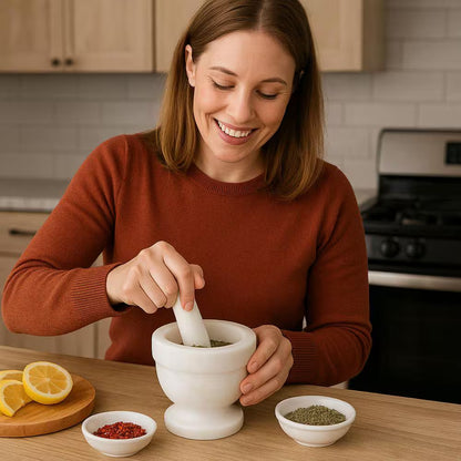 Natural Off-White Marble Mortar and Pestle Set for Herb and Spice Grinding