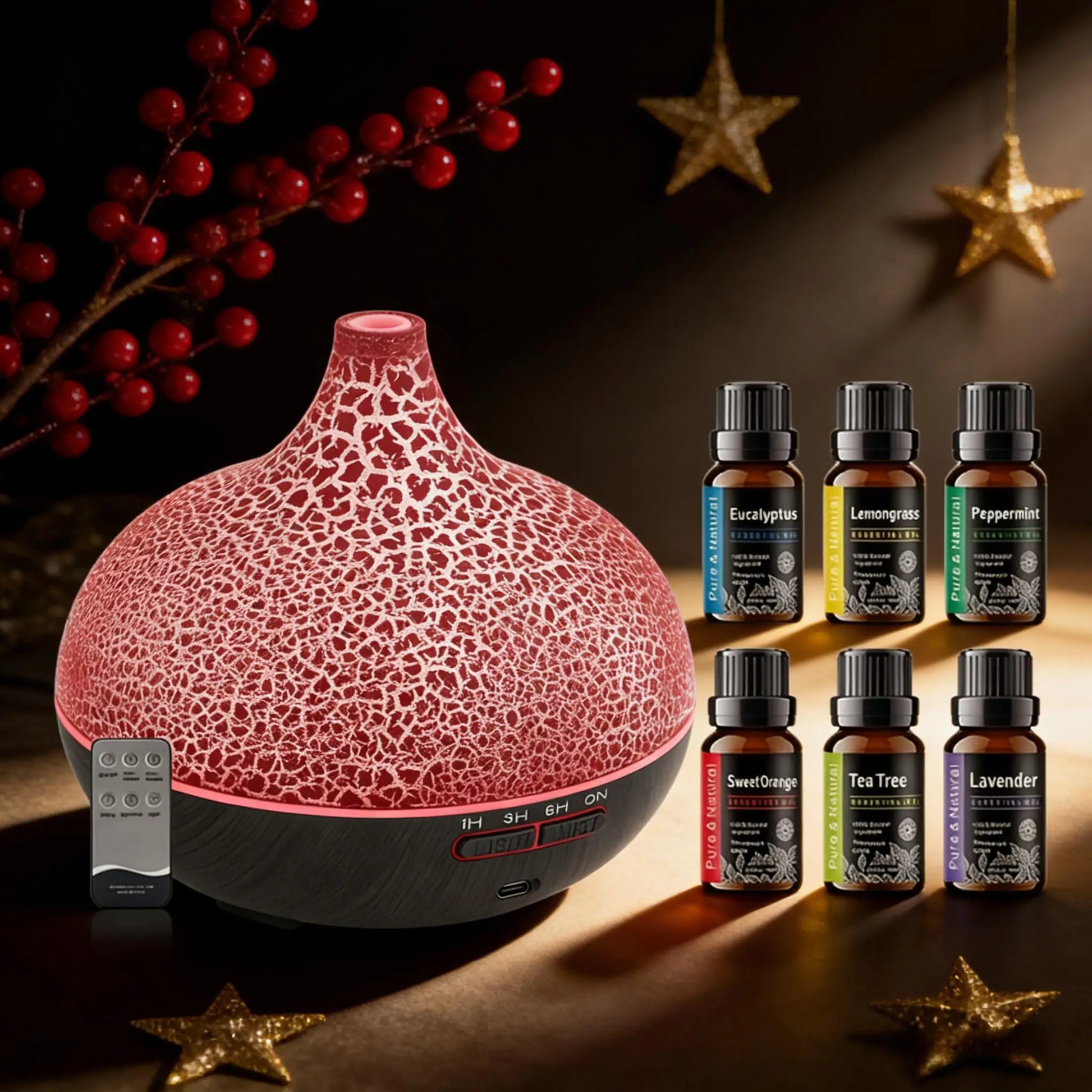 550ml Ultrasonic Essential Oil Diffuser and Humidifier with Wood Grain Finish, Remote Control, LED Flame Night Light, and Timer Function