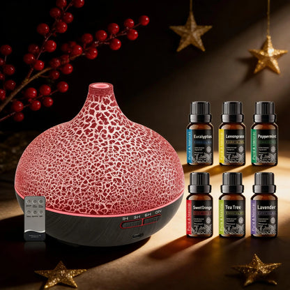 550ml Ultrasonic Essential Oil Diffuser and Humidifier with Wood Grain Finish, Remote Control, LED Flame Night Light, and Timer Function