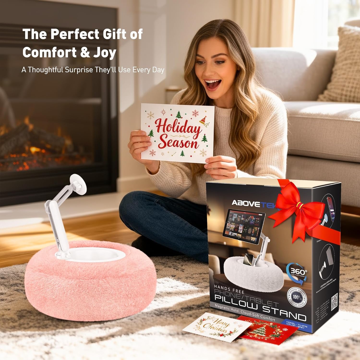 Kindle Pillow Stand, Magnetic Ipad Holder for Bed with Snack Bowl, 360° Adjustable Soft Tablet Lap Pillow for Reading, Compatible with Kindle, Tablet, Phone, Ideal Cozy Gift for Family(Pink)