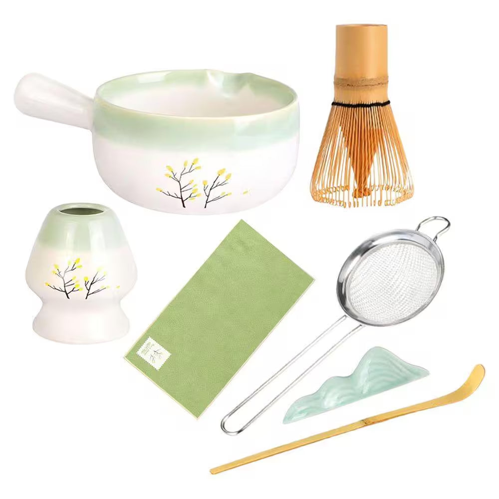 Matcha Whisk Set - Complete Matcha Kit with Handled Bowl, Sifter, Whisk, Spoon, Stand Holder, and Towel for Culinary Use and Holiday Gifting