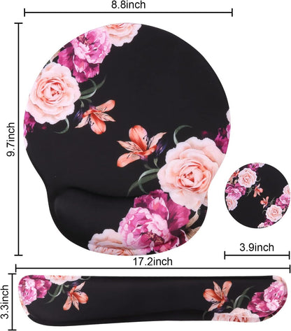 Ergonomic Mouse Pad and Wrist Support Set with Non-Slip Base for Computer and Laptop Use, Featuring Peony Flowers Design, Includes Coasters for Enhanced Comfort and Pain Relief