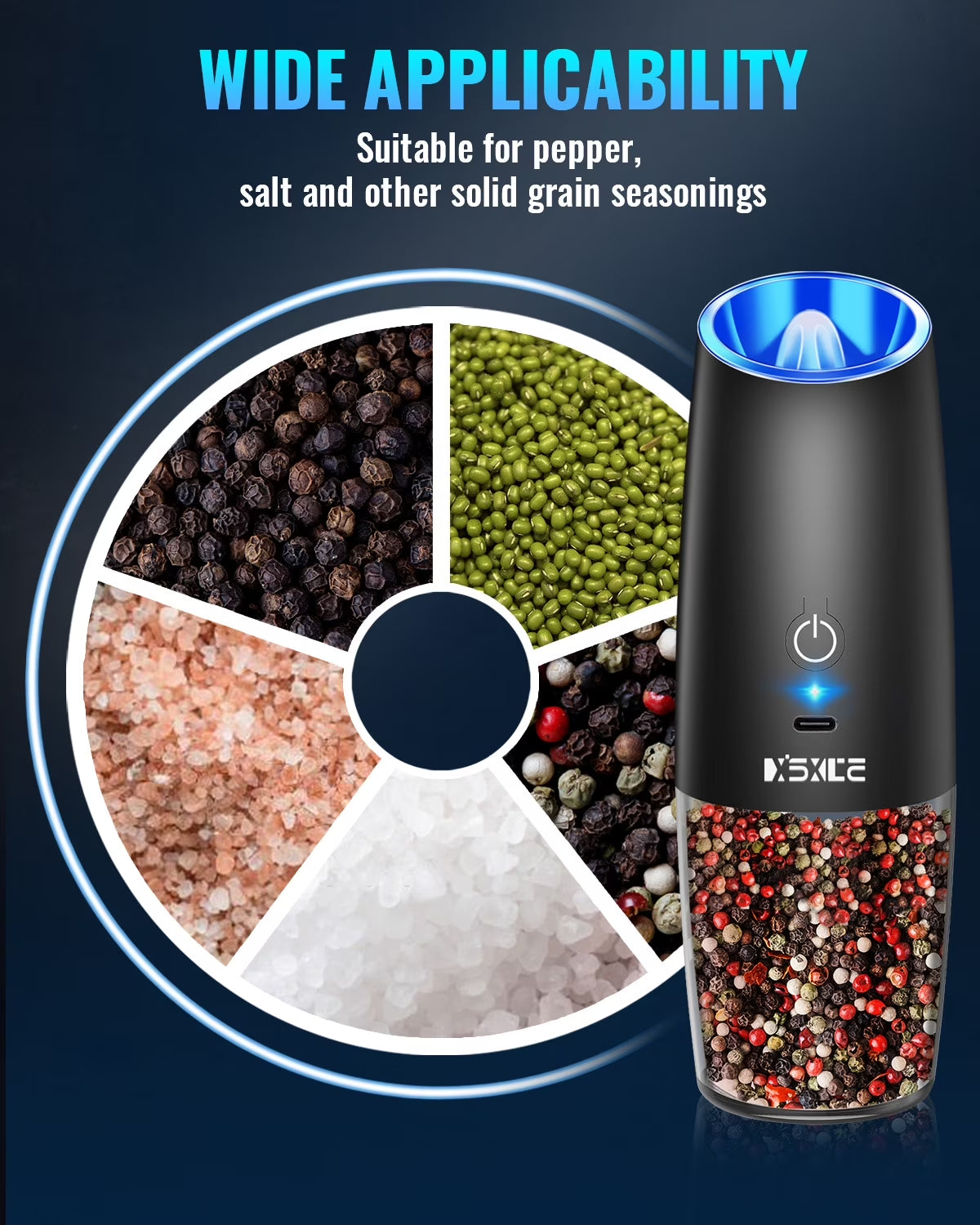 Rechargeable Electric Gravity Salt and Pepper Mill Set - No Batteries Required, Black