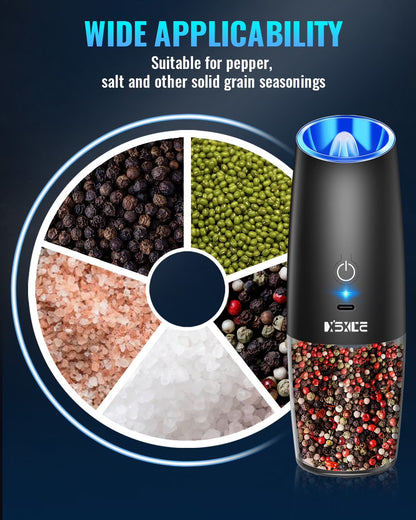 Rechargeable Electric Gravity Salt and Pepper Mill Set - No Batteries Required, Black