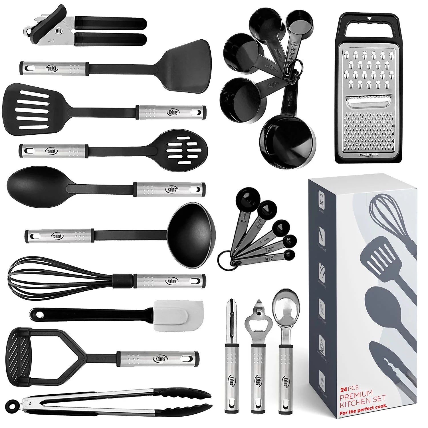 24-Piece Stainless Steel Cooking Utensils Set with Non-Stick Cookware and Heat Resistant Nylon Tools - Black