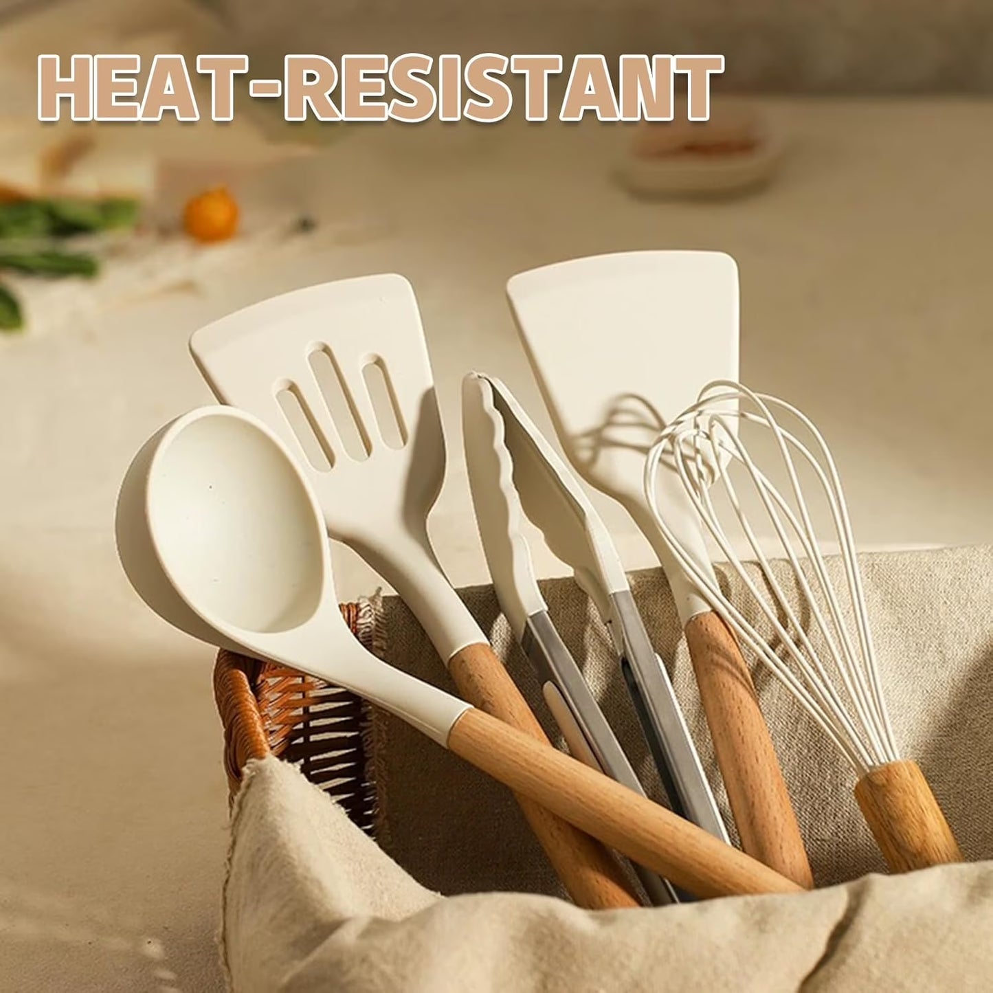 33-Piece Non-Stick Silicone Kitchen Utensil Set with Wooden Handles and Holder (Cream White)