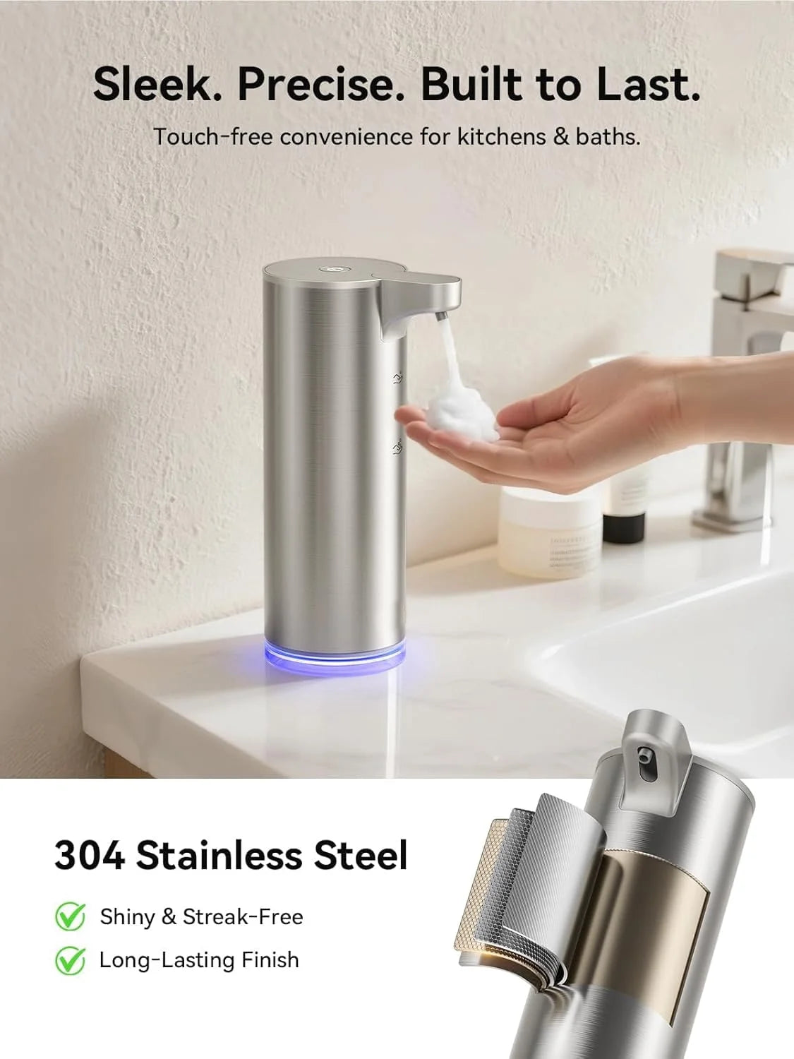 Soap Dispenser, Rechargeable Automatic Soap Dispenser Stainless Steel Touchless Foaming Soap Dispenser for Bathroom Auto Hand Soap Dispenser for Kitchen, Silver, Xmas Gift,9Oz