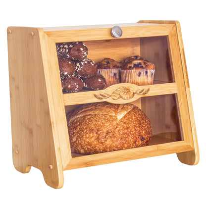 Double-Layer Bamboo Bread Box with Window in Farmhouse Style