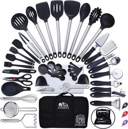 43-Piece Kitchen Utensil Set with Storage Bag - Nylon and Stainless Steel Cooking Tools, Baking Accessories, and Gadgets in Black