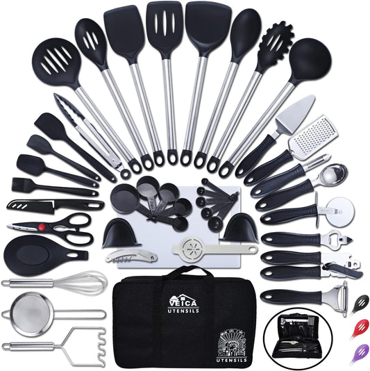 43-Piece Kitchen Utensil Set with Storage Bag - Nylon and Stainless Steel Cooking Tools, Baking Accessories, and Gadgets in Black