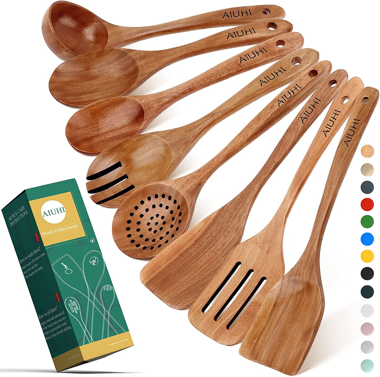 Teak Wooden Cooking Utensil Set - 8-Piece Nonstick, Non-Scratch Kitchen Spoons