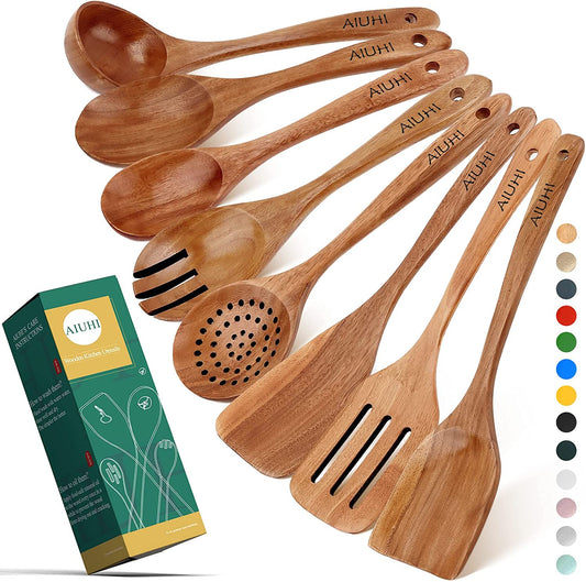 Teak Wooden Cooking Utensil Set - 8-Piece Nonstick, Non-Scratch Kitchen Spoons