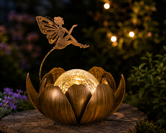 Solar Lotus Fairy Lantern – Waterproof Outdoor Garden Light with Crackle Glass Globe