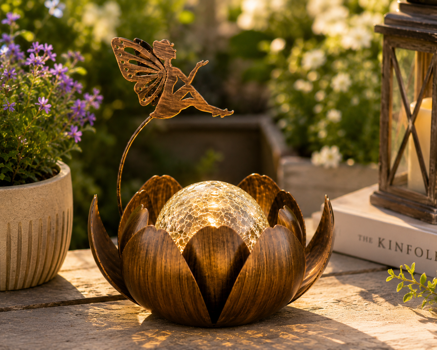 Solar Lotus Fairy Lantern – Waterproof Outdoor Garden Light with Crackle Glass Globe