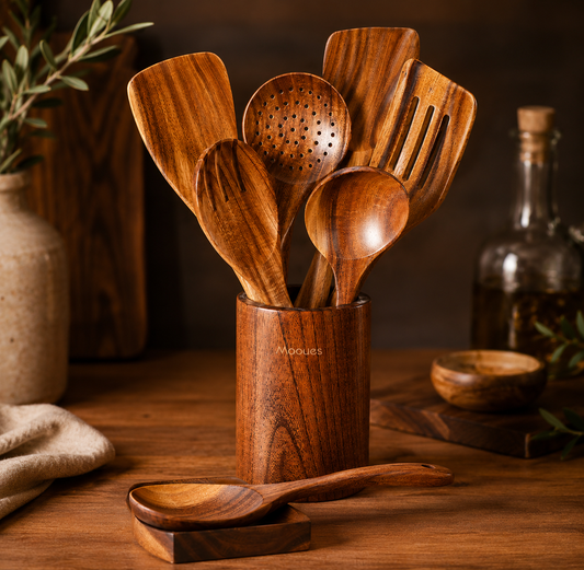 9-Piece Teak Wooden Kitchen Utensil Set – Cozy Cooking Essentials with Spoon Rest