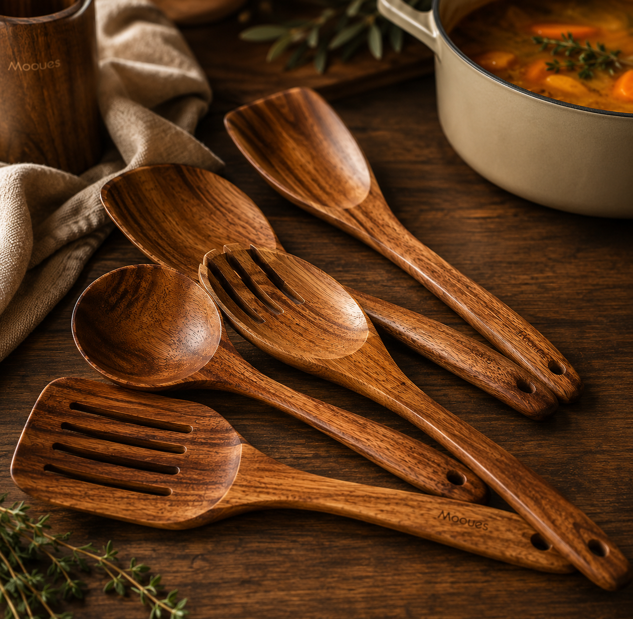 9-Piece Teak Wooden Kitchen Utensil Set – Cozy Cooking Essentials with Spoon Rest