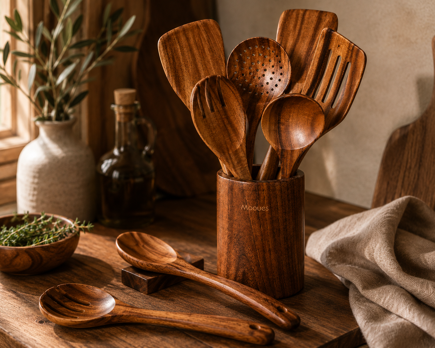 9-Piece Teak Wooden Kitchen Utensil Set – Cozy Cooking Essentials with Spoon Rest