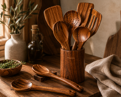 9-Piece Teak Wooden Kitchen Utensil Set – Cozy Cooking Essentials with Spoon Rest