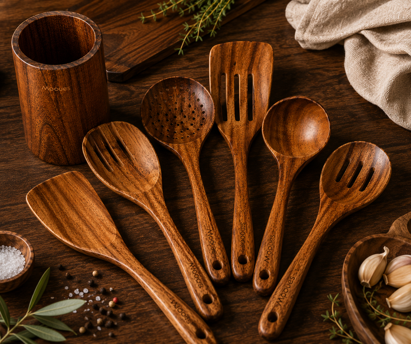 9-Piece Teak Wooden Kitchen Utensil Set – Cozy Cooking Essentials with Spoon Rest